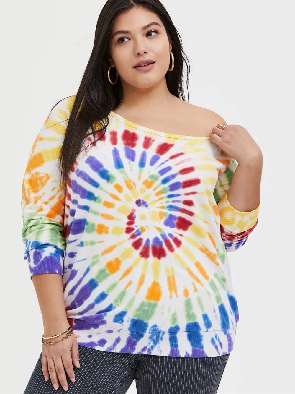 🌈EUC Torrid "Rainbow🌈Tie-Dye Off-The-Shoulder Sweatshirt” White🤍 Sz 2•2X|18-20
